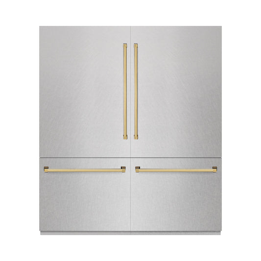 ZLINE Autograph Edition 72 in. 39.6 cu. ft. French Door Built-In Bottom Freezer Refrigerator with Water Dispensers and Ice Makers in DuraSnow® Stainless Steel and Polished Gold Accents (RBITZ-SN-72-G)