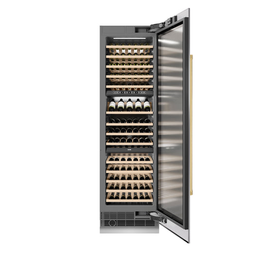 ZLINE Autograph Edition 24 in. 12.4 cu. ft. Triple Zone 100 Bottle Column Wine Cooler in Stainless Steel and Polished Gold Accents (RCWVZ-304-24-G)