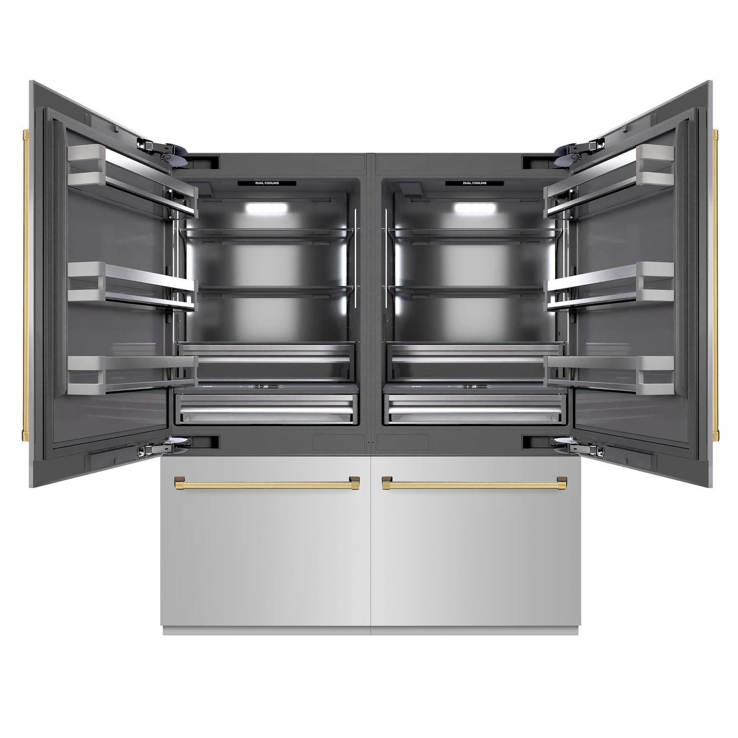 ZLINE Autograph Edition 72 in. 39.6 cu. ft. French Door Built-In Bottom Freezer Refrigerator with Water Dispensers and Ice Makers in Stainless Steel with Graphite Gray Interior and Polished Gold Accents (GRBITZ-304-72G)