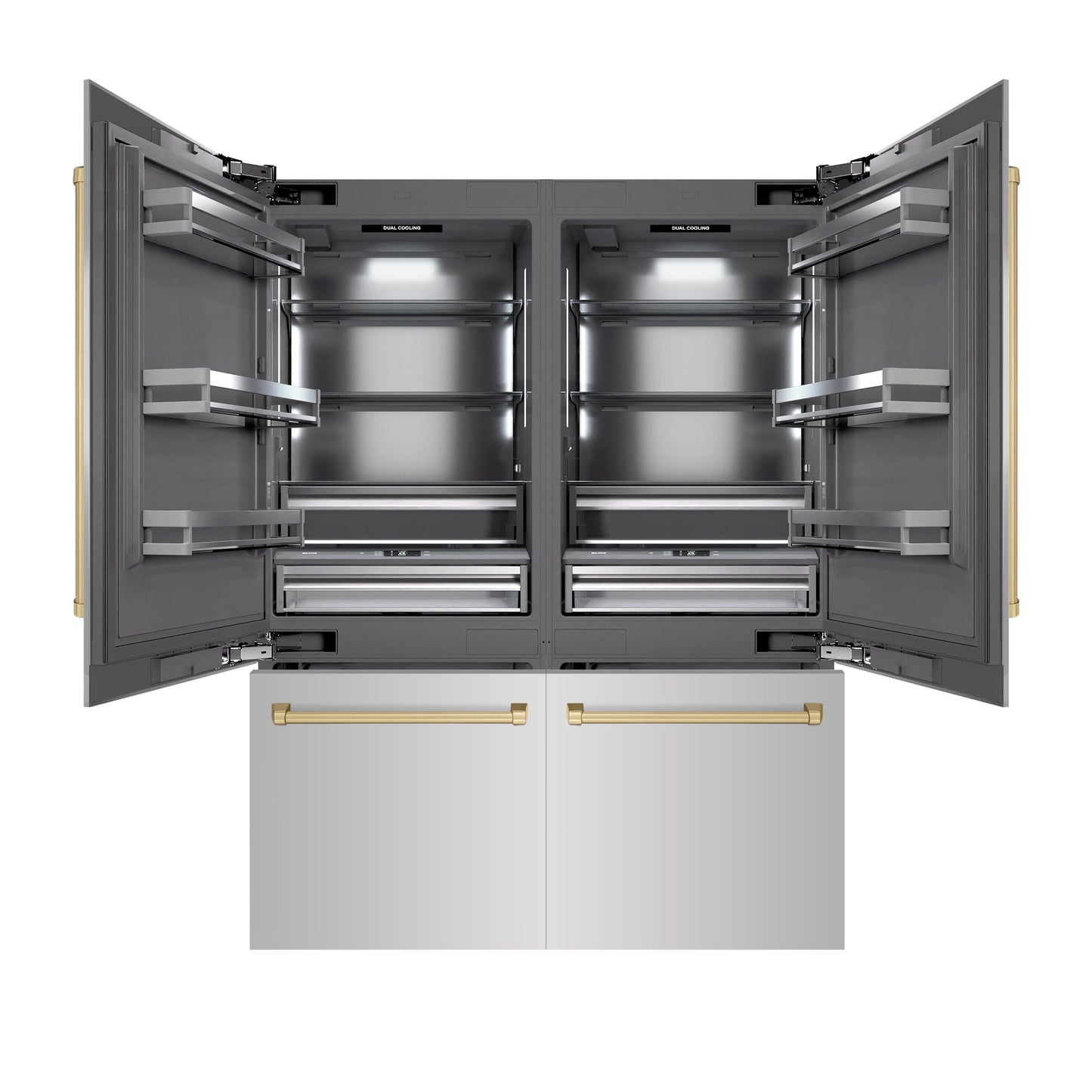 ZLINE Autograph Edition 60 in. 32.2 cu. ft. French Door Built-In Bottom Freezer Refrigerator with Water Dispenser and Ice Maker in Stainless Steel with Graphite Gray Interior and Champagne Bronze Accents (GRBIVZ-304-60CB)