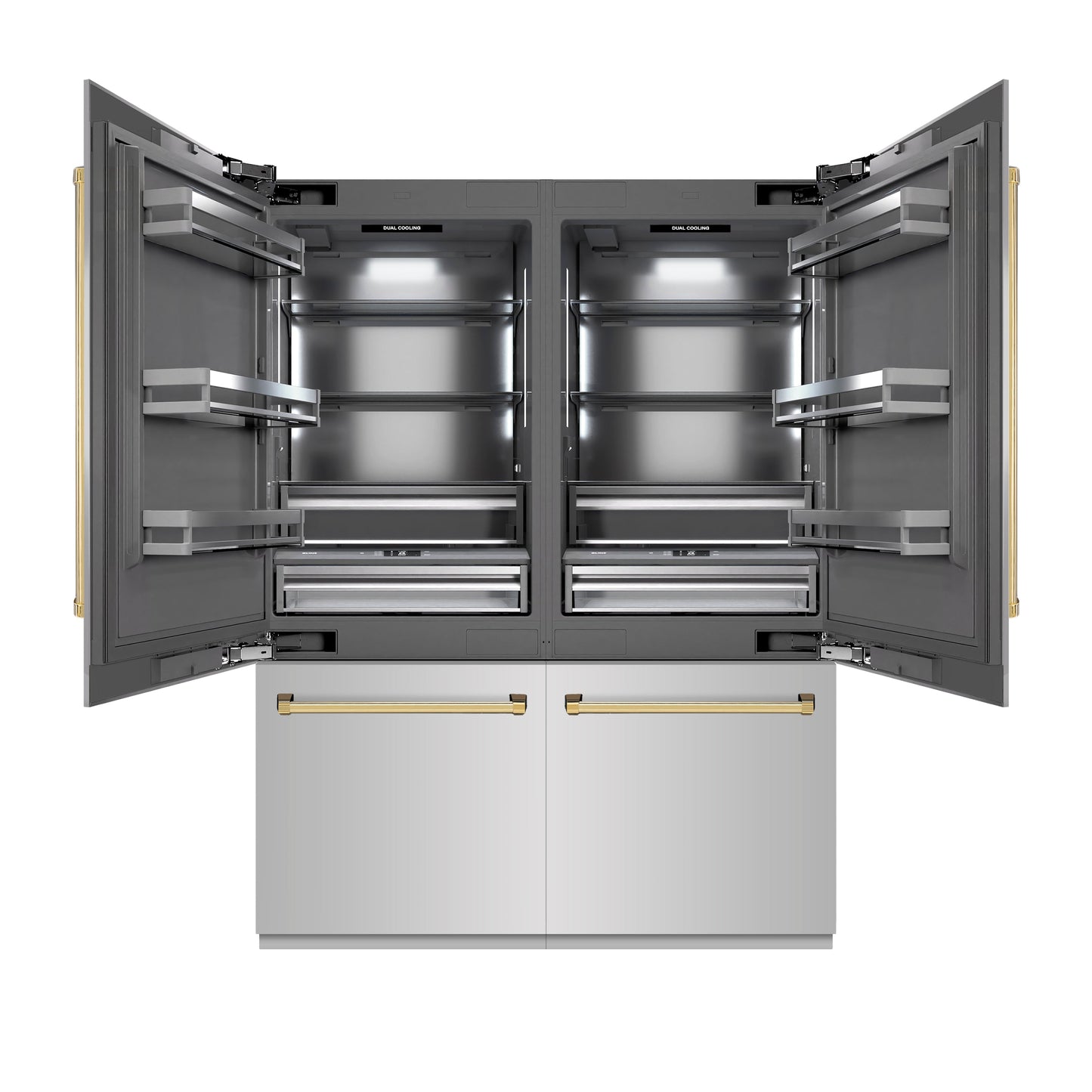 ZLINE Autograph Edition 60 in. 32.2 cu. ft. French Door Built-In Bottom Freezer Refrigerator with Water Dispenser and Ice Maker in Stainless Steel with Graphite Gray Interior and Polished Gold Accents (GRBIVZ-304-60G)