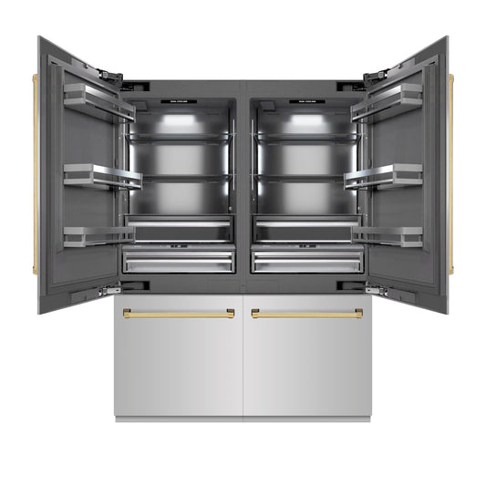 ZLINE Autograph Edition 60 in. 32.2 cu. ft. French Door Built-In Bottom Freezer Refrigerator with Water Dispenser and Ice Maker in Stainless Steel with Graphite Gray Interior and Polished Gold Accents (GRBIVZ-304-60G)