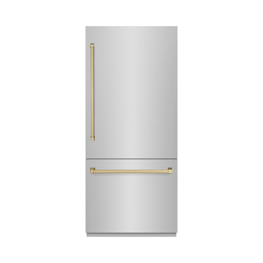 ZLINE Autograph Edition 36 in. 19.8 cu. ft. Built-In Bottom Freezer Refrigerator with Water Dispenser and Ice Maker in Stainless Steel with Champagne Bronze Accents (RBITZ-304-36CB)