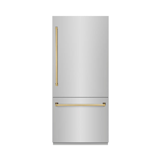 ZLINE Autograph Edition 36 in. 19.8 cu. ft. Built-In Bottom Freezer Refrigerator with Water Dispenser and Ice Maker in Stainless Steel with Polished Gold Accents (RBITZ-304-36G)