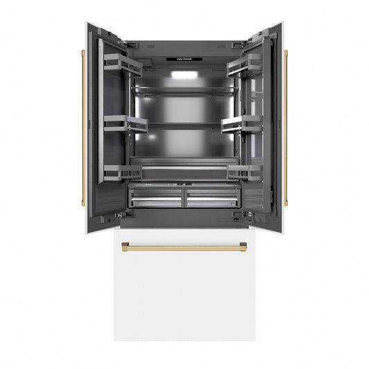 ZLINE Autograph Edition 36 in. 19.6 cu. ft. French Door Built-In Bottom Freezer Refrigerator with Water Dispenser and Ice Maker in White Matte with Graphite Gray Interior and Polished Gold Accents (GRBIVZ-WM-36-G)