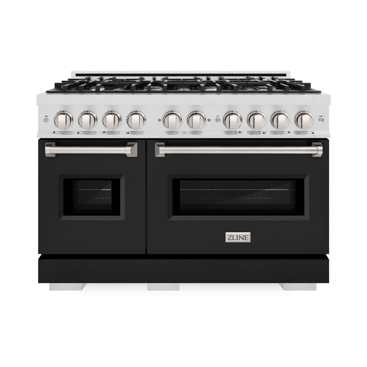 ZLINE 48 in. 6.7 cu. ft. Classic Double Oven Gas Range with 8 Burner Cooktop in DuraSnow® Stainless Steel with Black Matte Doors (CGRS-BLM-48)