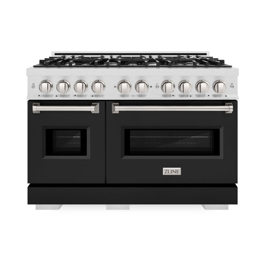 ZLINE 48 in. 6.7 cu. ft. Classic Double Oven Gas Range with 8 Burner Cooktop in DuraSnow® Stainless Steel with Black Matte Doors (CGRS-BLM-48)