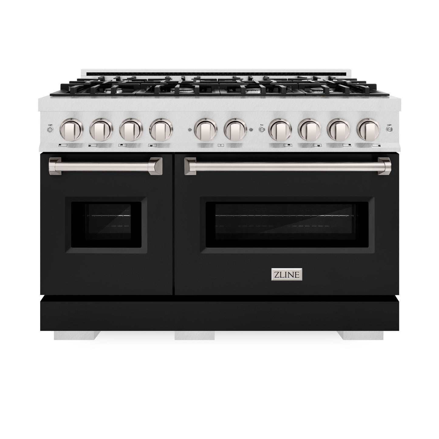ZLINE 48 in. 6.7 cu. ft. Classic Double Oven Dual Fuel Range with 8 Burner Gas Cooktop in DuraSnow® Stainless Steel with Black Matte Doors (CDRS-BLM-48)