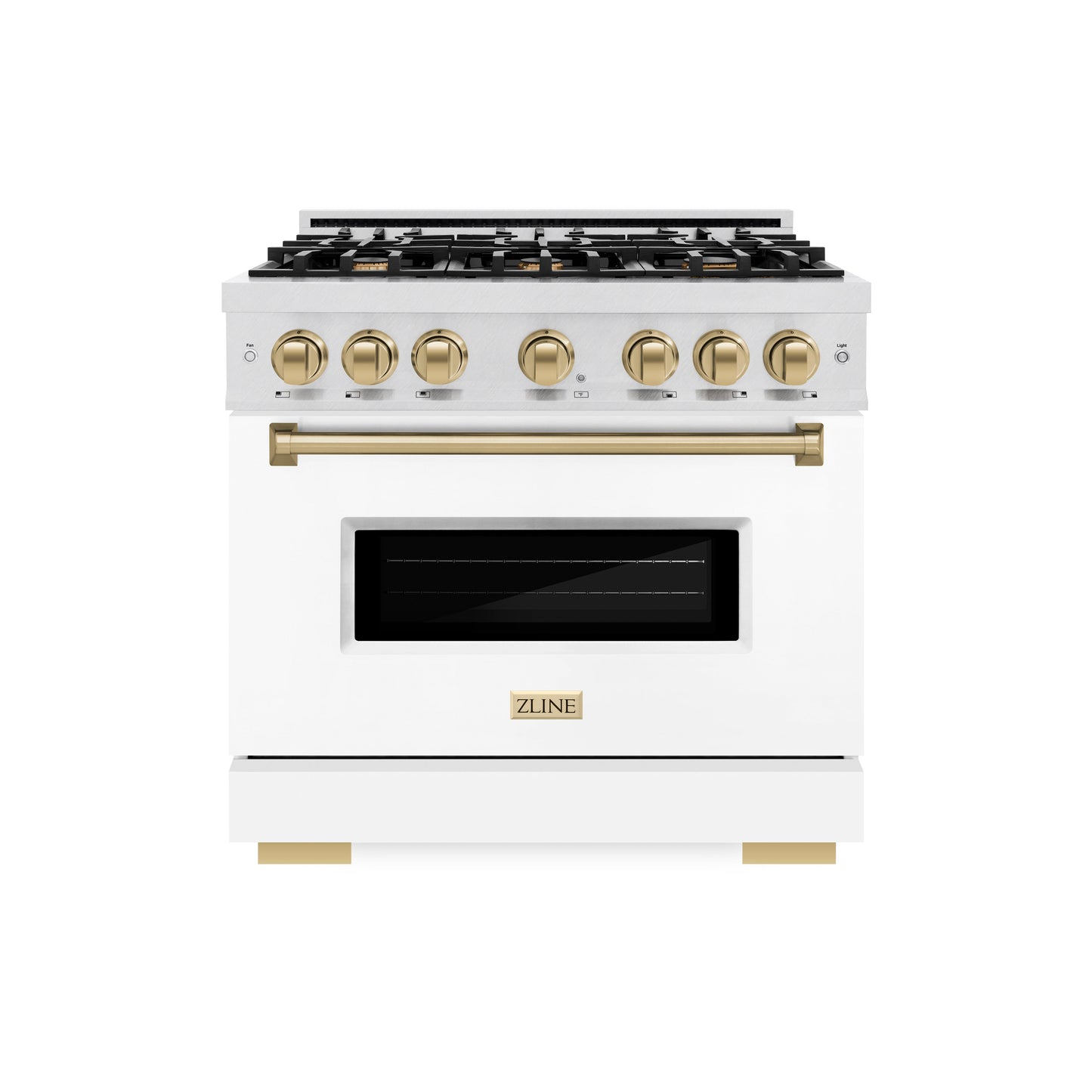 ZLINE Autograph Edition 36 in. 5.2 cu. ft. Classic Dual Fuel Range with 6 Burner Gas Cooktop and Electric Convection Oven in DuraSnow® Stainless Steel with White Matte Door and Champagne Bronze Accents (CDRSZ-WM-36-CB)