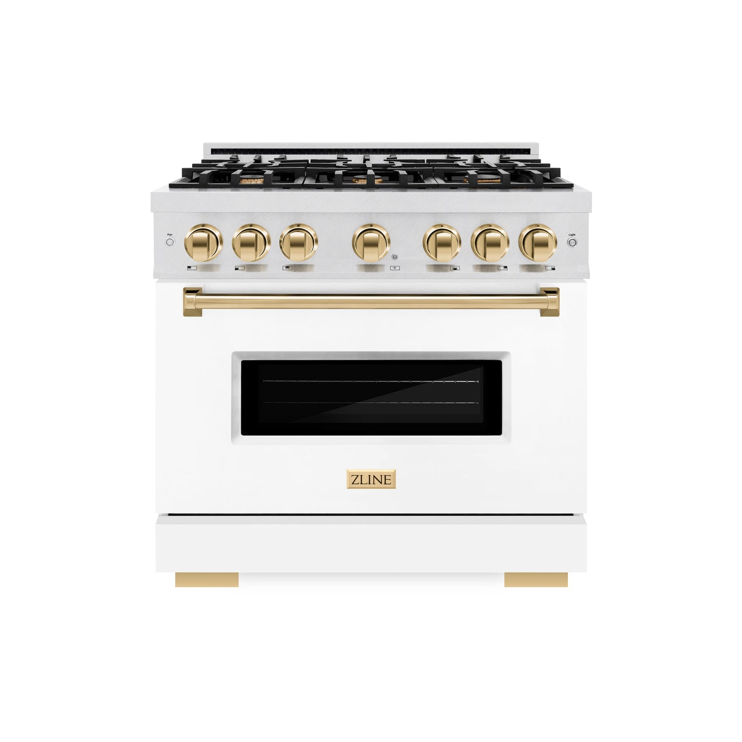 ZLINE Autograph Edition 36 in. 5.2 cu. ft. Classic Dual Fuel Range with 6 Burner Gas Cooktop and Electric Convection Oven in DuraSnow® Stainless Steel with White Matte Door and Polished Gold Accents (CDRSZ-WM-36-G)