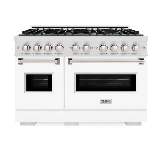 ZLINE 48 in. 6.7 cu. ft. Classic Double Oven Dual Fuel Range with 8 Burner Gas Cooktop in DuraSnow® Stainless Steel with White Matte Doors (CDRS-WM-48)