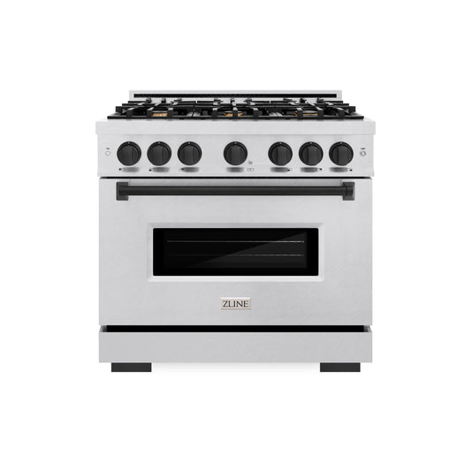 ZLINE Autograph Edition 36 in. 5.2 cu. ft. Classic Gas Range with 6 Burner Cooktop and Convection Gas Oven in DuraSnow® Stainless Steel and Matte Black Accents (CGRSZ-36-MB)
