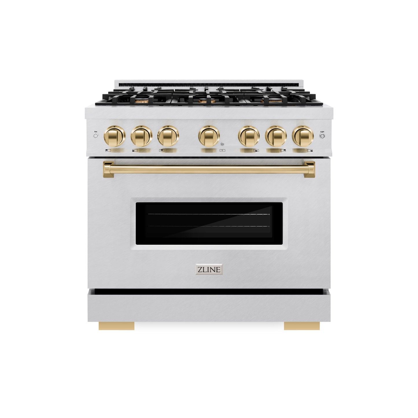 ZLINE Autograph Edition 36 in. 5.2 cu. ft. Classic Gas Range with 6 Burner Cooktop and Convection Gas Oven in DuraSnow® Stainless Steel and Polished Gold Accents (CGRSZ-36-G)