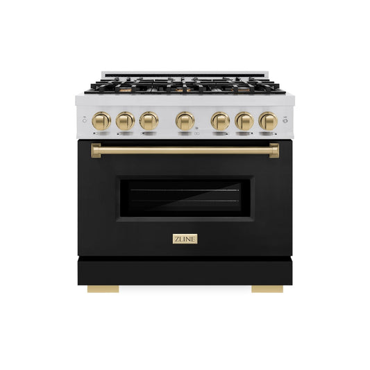 ZLINE Autograph Edition 36 in. 5.2 cu. ft. Classic Dual Fuel Range with 6 Burner Gas Cooktop and Electric Convection Oven in Stainless Steel with Black Matte Door and Champagne Bronze Accents (CDRZ-BLM-36-CB)