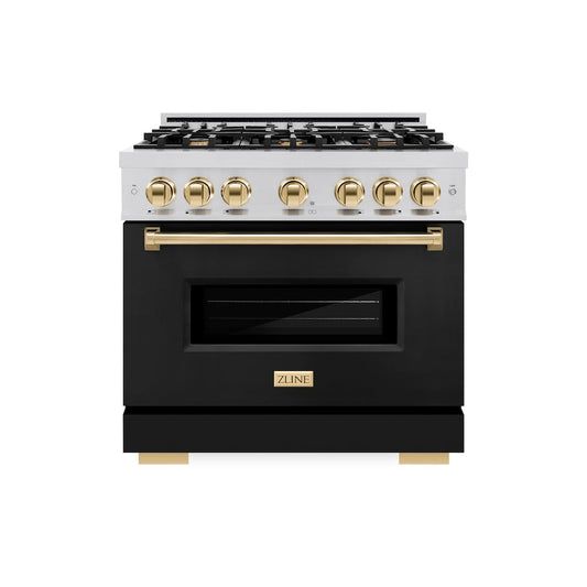 ZLINE Autograph Edition 36 in. 5.2 cu. ft. Classic Dual Fuel Range with 6 Burner Gas Cooktop and Electric Convection Oven in Stainless Steel with Black Matte Door and Polished Gold Accents (CDRZ-BLM-36-G)