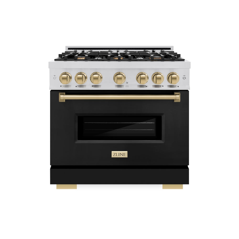 ZLINE Autograph Edition 36 in. 5.2 cu. ft. Classic Gas Range with 6 Burner Cooktop and Convection Gas Oven in Stainless Steel with Black Matte Door and Champagne Bronze Accents (CGRZ-BLM-36-CB)