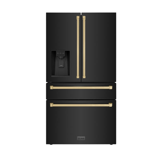 ZLINE Autograph Edition 36 in. 21.6 cu. ft Counter-Depth French Door Refrigerator with Water and Ice Dispenser in Fingerprint-Resistant Black Stainless Steel with Champagne Bronze Traditional Handles (RFMZ-W-36-BS-CB)