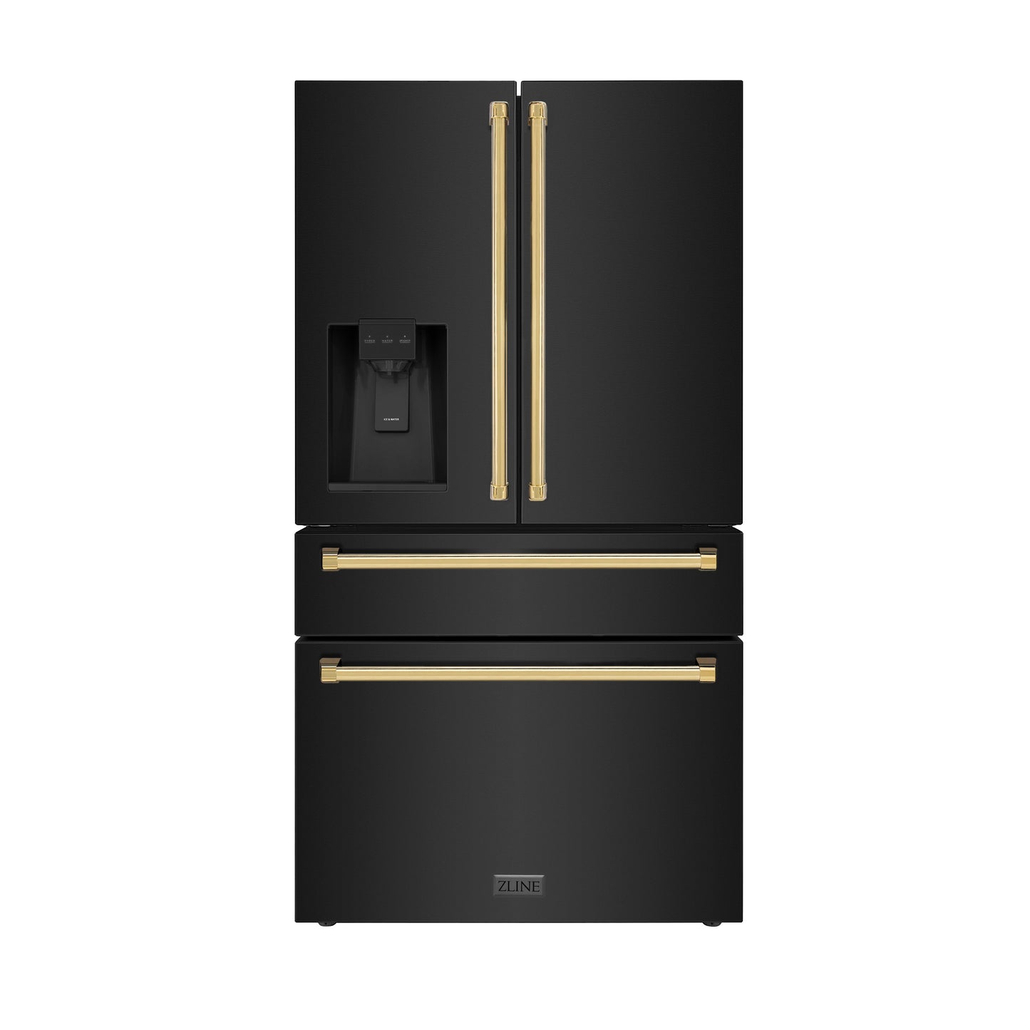 ZLINE Autograph Edition 36 in. 21.6 cu. ft. Counter-Depth French Door Refrigerator with Water and Ice Dispenser in Fingerprint-Resistant Black Stainless Steel with Polished Gold Traditional Handles (RFMZ-W-36-BS-G)