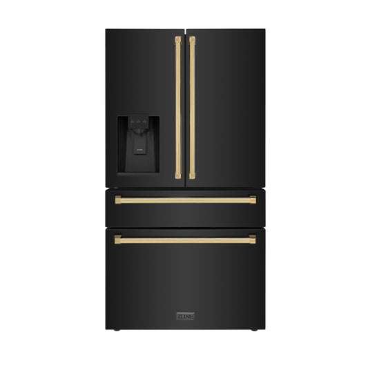 ZLINE Autograph Edition 36 in. 21.6 cu. ft. Counter-Depth French Door Refrigerator with Water and Ice Dispenser in Fingerprint-Resistant Black Stainless Steel with Polished Gold Traditional Handles (RFMZ-W-36-BS-G)