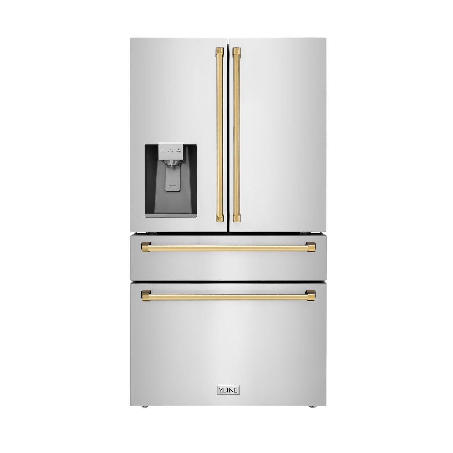 ZLINE Autograph Edition 36 in. 21.6 cu. ft. Counter-Depth French Door Refrigerator with Water and Ice Dispenser in Fingerprint-Resistant Stainless Steel with Polished Gold Traditional Handles (RFMZ-W-36-G)