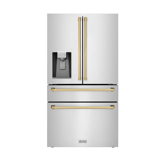 ZLINE Autograph Edition 36 in. 21.6 cu. ft. Counter-Depth French Door Refrigerator with Water and Ice Dispenser in Fingerprint-Resistant Stainless Steel with Polished Gold Traditional Handles (RFMZ-W-36-G)