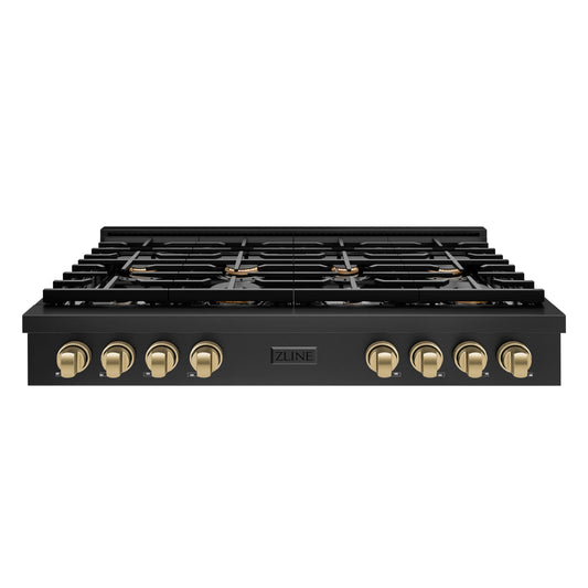 ZLINE 48 in. Autograph Edition Paramount Gas Rangetop with 8 Burners and Porcelain Cooktop in Black Stainless Steel with Champagne Bronze Accents (SRTBZ-48-CB)
