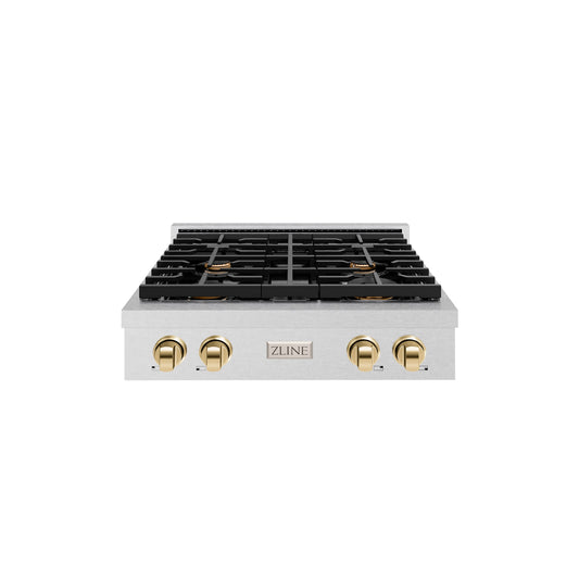 ZLINE 30 in. Autograph Edition Paramount Gas Rangetop with 4 Burners and Porcelain Cooktop in DuraSnow® Stainless Steel with Polished Gold Accents (SRTSZ-30-G)