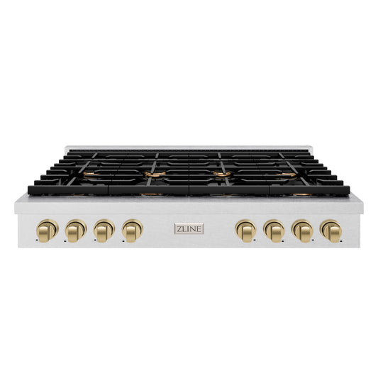 ZLINE 48 in. Autograph Edition Paramount Gas Rangetop with 8 Burners and Porcelain Cooktop in DuraSnow® Stainless Steel with Champagne Bronze Accents (SRTSZ-48-CB)