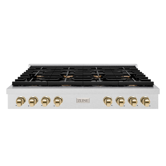 ZLINE 48 in. Autograph Edition Paramount Gas Rangetop with 8 Burners and Porcelain Cooktop in DuraSnow® Stainless Steel with Polished Gold Accents (SRTSZ-48-G)