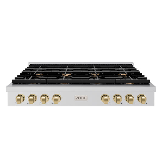 ZLINE 48 in. Autograph Edition Paramount Gas Rangetop with 8 Burners and Porcelain Cooktop in Stainless Steel with Champagne Bronze Accents (SRTZ-48-CB)