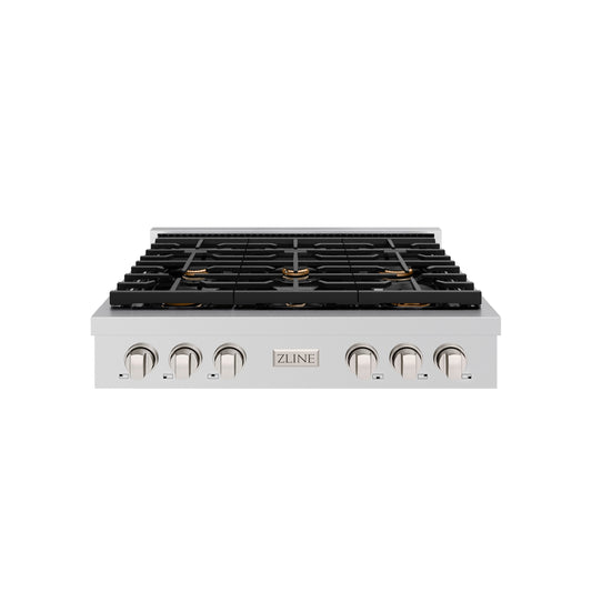 ZLINE 36 in. Paramount Gas Rangetop with 6 Brass Burners and Porcelain Cooktop in Stainless Steel (SRT-BR-36)