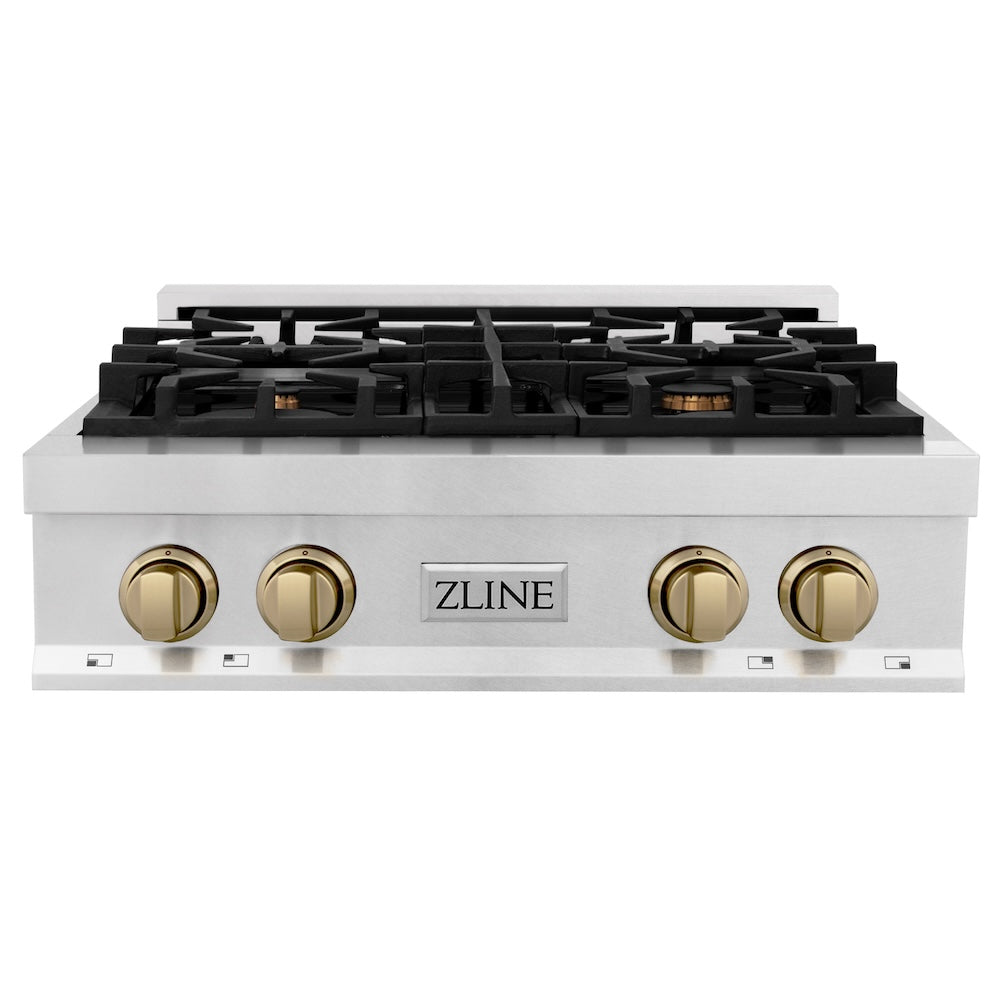 ZLINE Autograph Edition 30 in. Legacy Gas Rangetop with 4 Burners and Porcelain Cooktop in DuraSnow® Stainless Steel with Champagne Bronze Accents (RTSZ-30-CB)