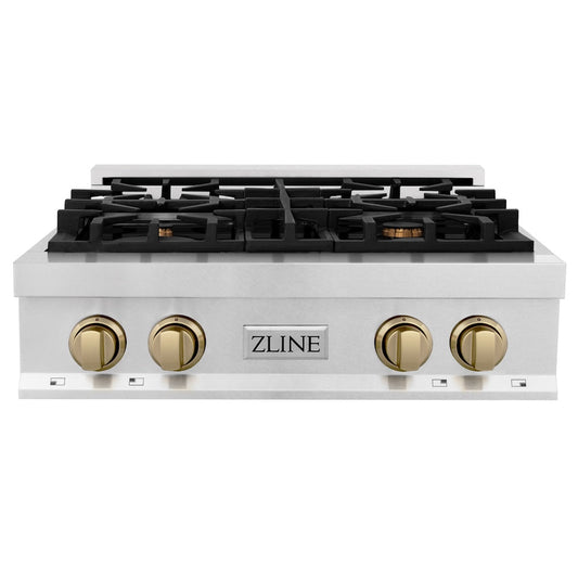ZLINE Autograph Edition 30 in. Legacy Gas Rangetop with 4 Burners and Porcelain Cooktop in DuraSnow® Stainless Steel with Champagne Bronze Accents (RTSZ-30-CB)