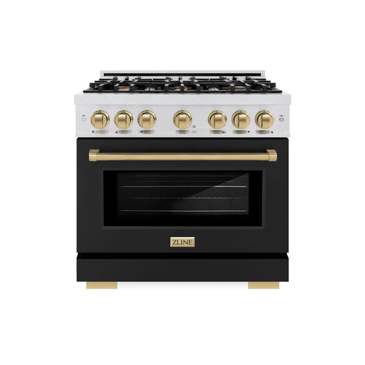 ZLINE Autograph Edition 36 in. 5.2 cu. ft. Select Dual Fuel Range with 6 Burner Gas Cooktop and Electric Convection Oven in DuraSnow® Stainless Steel with Black Matte Door and Champagne Bronze Accents (HDRSZ-BLM-36-CB)