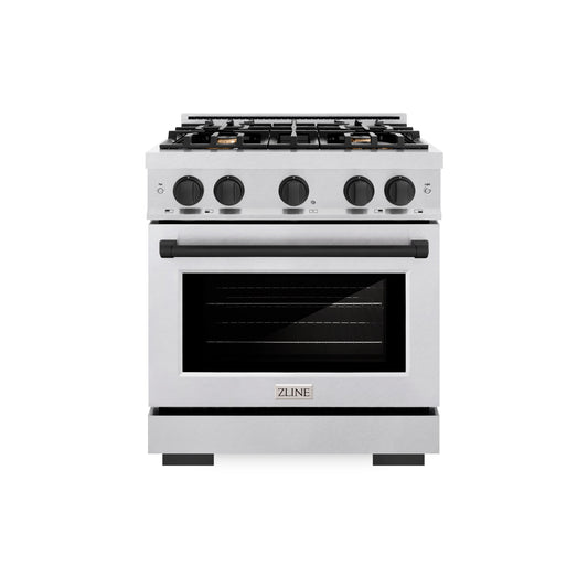 ZLINE Autograph Edition 30 in. 4.2 cu. ft. Select Dual Fuel Range with 4 Burner Gas Cooktop and Electric Convection Oven in DuraSnow® Stainless Steel with Matte Black Accents (HDRSZ-30-MB)