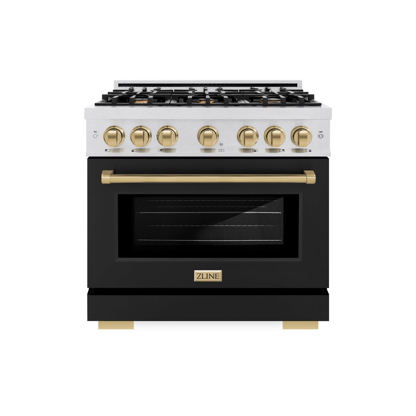 ZLINE Autograph Edition 36 in. 5.2 cu. ft. Select Gas Range with 6 Burner Cooktop and Convection Gas Oven in DuraSnow® Stainless Steel with Black Matte Door and Champagne Bronze Accents (HGRSZ-BLM-36-CB)