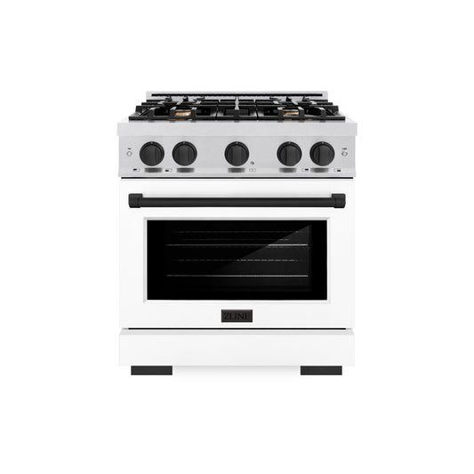 ZLINE Autograph Edition 30 in. 4.2 cu. ft. Select Gas Range with 4 Burner Cooktop and Convection Gas Oven in DuraSnow® Stainless Steel with White Matte Door and Matte Black Accents (HGRSZ-WM-30-MB)