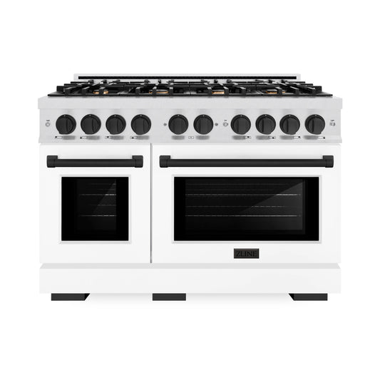 ZLINE Autograph Edition 48 in. 6.7 cu. ft. Select Double Oven Gas Range with 8 Burner Cooktop in DuraSnow® Stainless Steel with White Matte Doors and Matte Black Accents (HGRSZ-WM-48-MB)