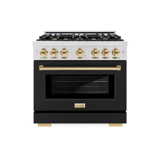 ZLINE Autograph Edition 36 in. 5.2 cu. ft. Select Gas Range with 6 Burner Cooktop and Convection Gas Oven in DuraSnow® Stainless Steel with Black Matte Door and Polished Gold Accents (HGRSZ-BLM-36-G)