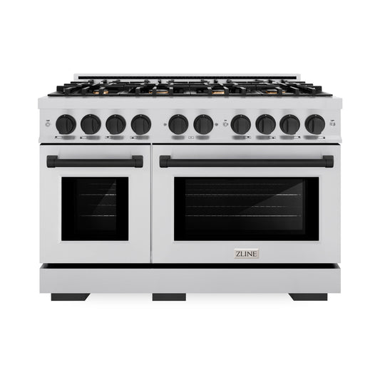 ZLINE Autograph Edition 48 in. 6.7 cu. ft. Select Double Oven Gas Range with 8 Burner Cooktop in Stainless Steel and Matte Black Accents (HGRZ-48-MB)