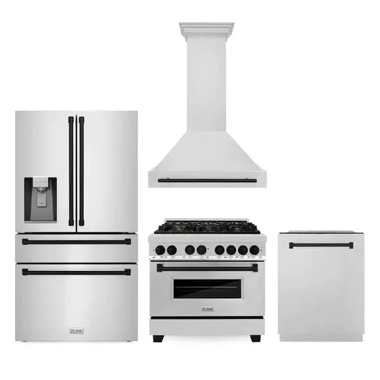 ZLINE Autograph Edition 36 in. Kitchen Package with Stainless Steel Dual Fuel Range, Range Hood, Dishwasher and Refrigeration Including External Water Dispenser with Matte Black Accents (4AKPR-RARHDWM36-MB)
