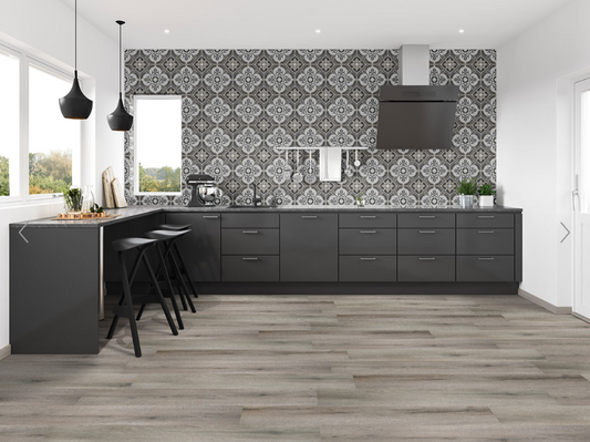 Avery Ash Hybrid Rigid Flooring featured in a modern gray kitchen