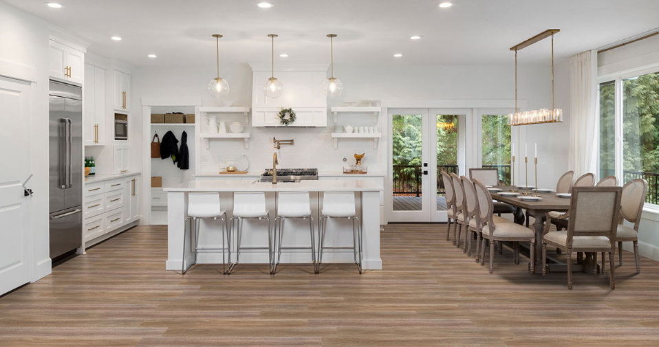 Brockto Hybrid Rigid Core Flooring featured in a kitchen and dining room.