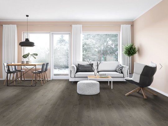 Dorn Oak Waterproof Flooring featured in an open space living and dining room