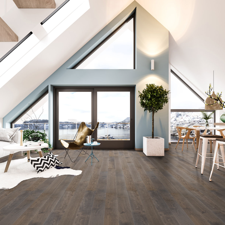 Estate Oak Waterproof Wood Flooring in an A-frame open living room