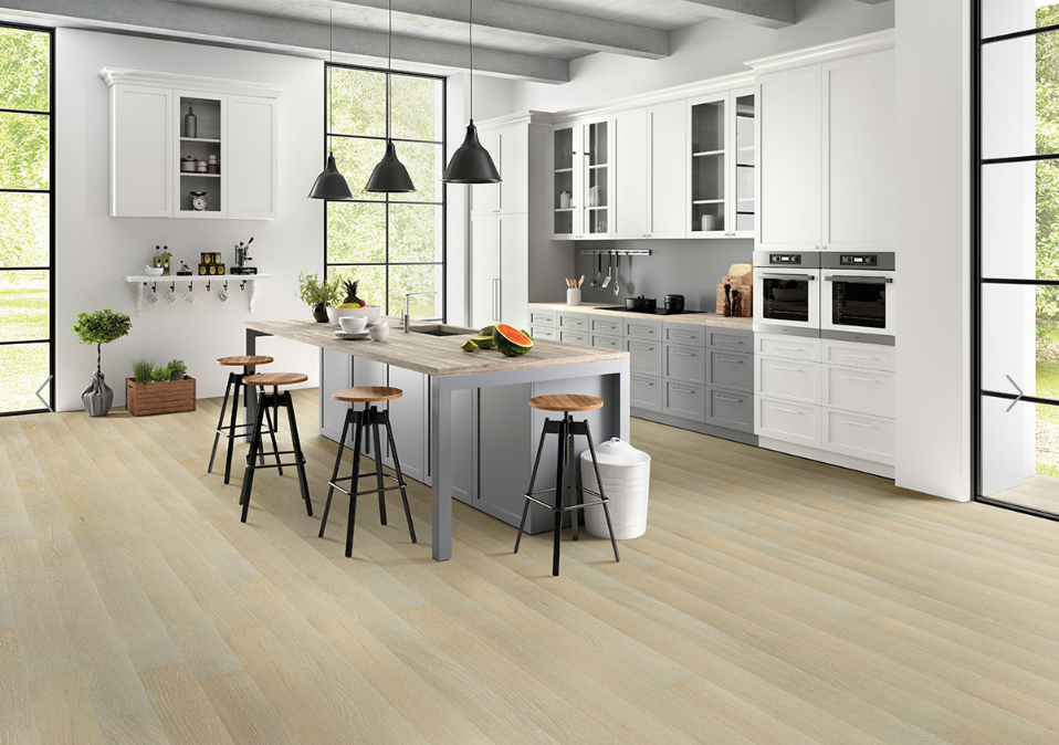 Moorville flooring featured in a modern shaker kitchen