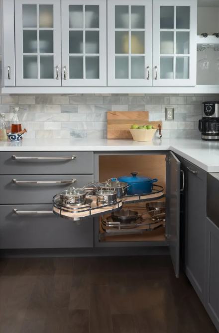 15" Polished Chrome and White Blind Corner Swingout for Openings on the Left of the Blind