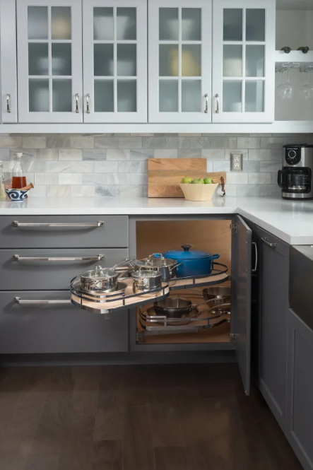 18" Polished Chrome and White Blind Corner Swingout for Openings on the Left of the Blind