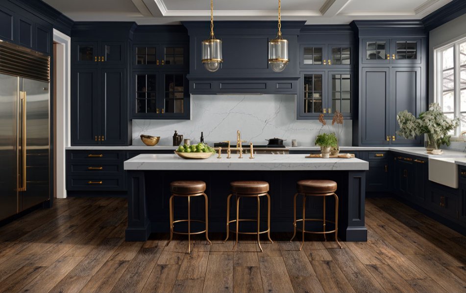 Andover Hatfield - Luxury Vinyl Flooring featured in a beautiful hale navy kitchen