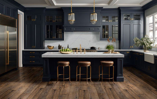 Andover Hatfield - Luxury Vinyl Flooring featured in a beautiful hale navy kitchen